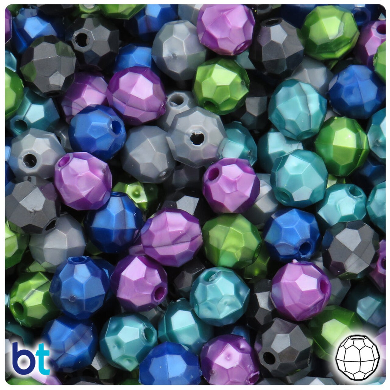 BeadTin Cool Black Pearl Mix 10mm Faceted Round Plastic Craft Beads (225pcs)